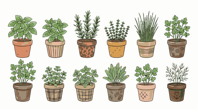 Hand-drawn culinary herbs in terracotta pots, 12 vintage botanical vector illustrations, potted garden herb collection for kitchen decor