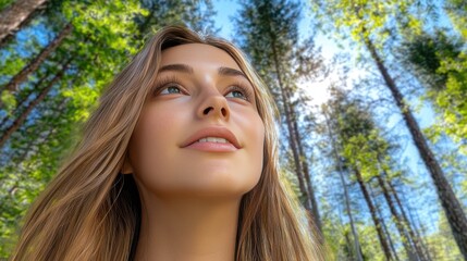 Naklejka premium Young Woman Gaze Upward in Forest with Sunlight Filtering Through the Trees