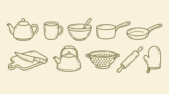 Vintage kitchenware line art collection, hand drawn cooking utensils set, retro kitchen tools vector icons for culinary branding