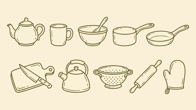 Vintage hand-drawn kitchenware icons, retro line art cooking utensils set, 10 rustic culinary vector elements for cafe menus
