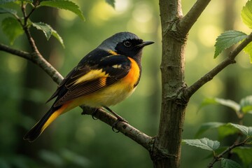 Obraz premium Colorful male American Redstart bird perches on a tree branch in a sunlit forest. Tiny songbird with orange and black plumage, yellow tail feathers. Nature wildlife scene.