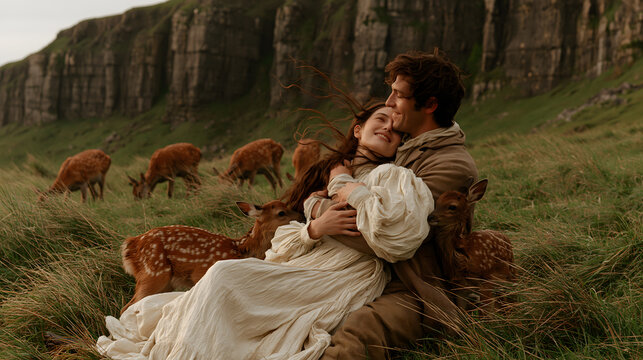 Pastoral Romance: A young couple embraces tenderly in a sun-dappled meadow, surrounded by grazing deer and rolling hills.