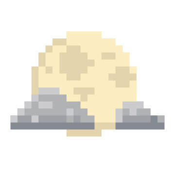 Full moon behind grey clouds pixelated icon vector for Halloween or night sky