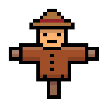 Cute cartoon farm scarecrow in pixel art style.