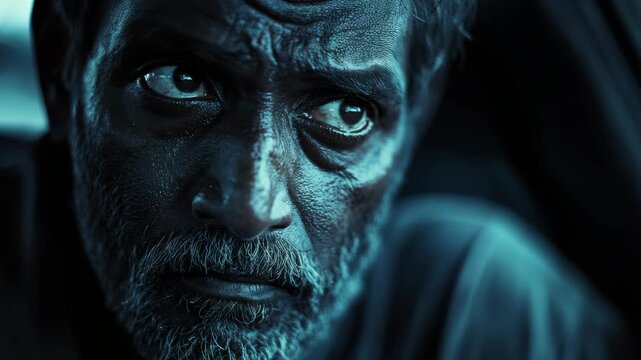 Close-up of intense, weary man's face under blue light. Dark, textured skin shows deep lines and stubble. Eyes hold piercing, focused gaze. Dramatic lighting highlights facial contours