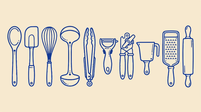 Minimalist kitchen utensils vector set, blue line art cooking tools collection, 10 culinary equipment icons for food blogs