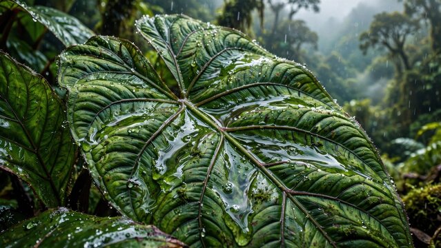 Giant Elephant Ear Leaf in Misty Rainforest.