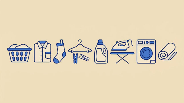 Laundry service icons set, blue line art washing machine and dryer symbols, household chore vector illustrations for cleaning apps