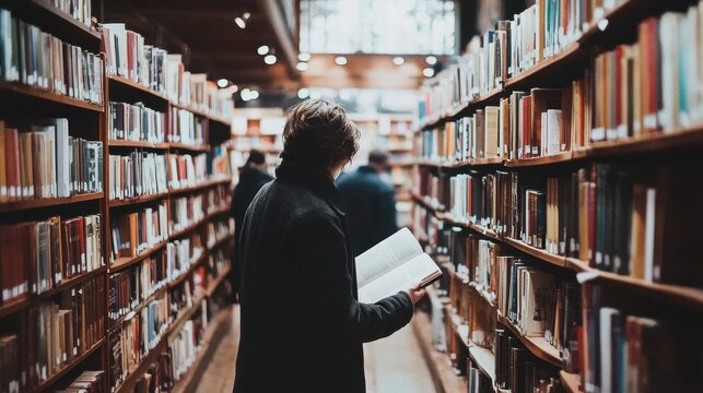 Person read book in library with warm color and lots of information