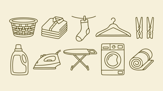 Minimalist laundry icon set with washing machine and iron. Linear household chore symbols for cleaning services. 10 vector laundry elements.
