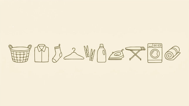 Minimalist laundry icon set, brown line art household chores vector, washing machine and ironing equipment collection