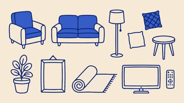 Minimalist living room furniture vector set, blue line art home interior icons, modern apartment decor elements for floor plans