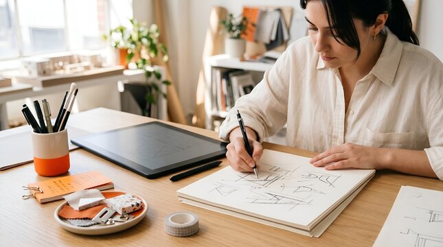 Young female designer sketching architectural floor plans with pencil in sketchbook at bright wooden studio desk next to digital graphics tablet.
