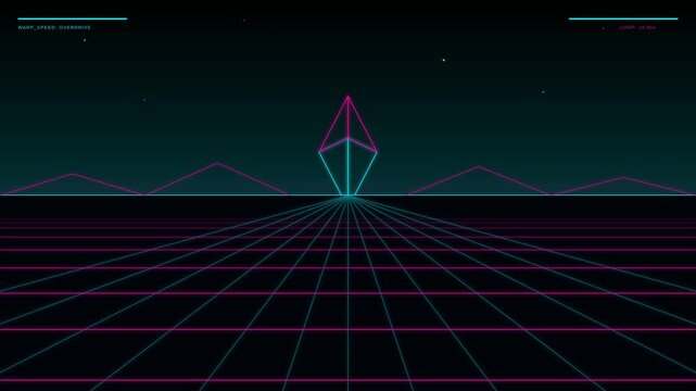 Retro synthwave landscape animation with rotating neon geometric crystal against dark starry night