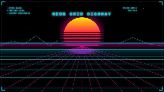 Retro Synthwave Neon Grid Highway Animation with Glowing Sun and Cyberpunk Future Digital Landscape