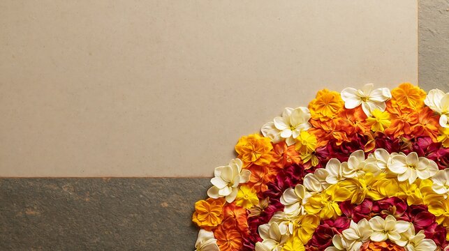 Fresh flower arrangement forming a decorative corner border on a textured background. Floral composition for Indian festivals, weddings, greeting cards, invitations and seasonal designs with copy spac