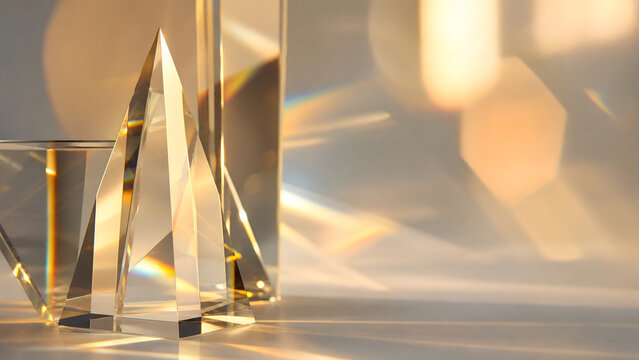 Abstract glass prisms with rainbow light refraction, crystal geometric shapes on warm background, elegant prism flare for luxury branding
