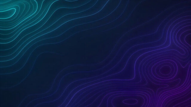 Abstract topographic background with neon lines, glowing blue and purple contour map, futuristic wave pattern for tech design