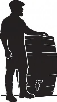 Vintage brewer silhouette with wooden beer barrel, rustic winemaker standing by wine cask, traditional brewery worker icon
