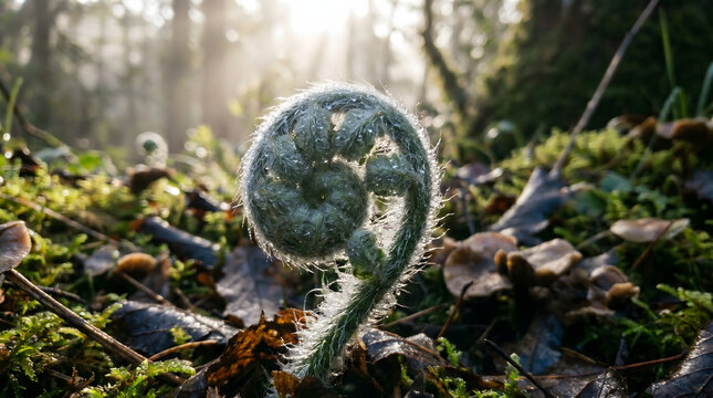 Young fern frond fiddlehead covered in morning dew backlit by sunlight in the forest.