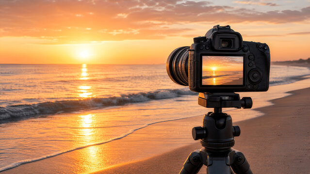 Professional Unbranded Camera on Full Tripod at Sandy Beach Capturing Clear Sunset with Egg Yolk Sun and Calm Sea Visible on LCD Screen
