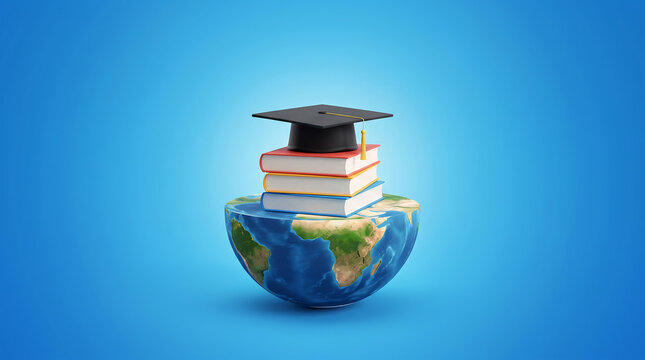 Graduation cap atop a stack of colorful books resting on half planet earth isolated blue background
