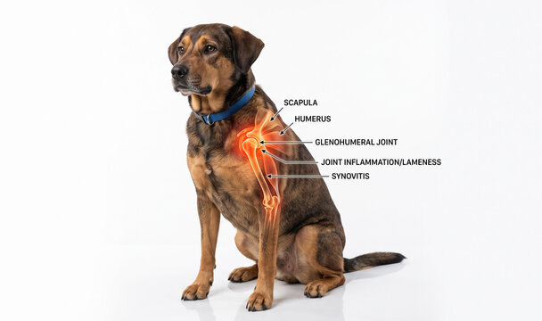 Dog standing with glowing anatomical shoulder joint overlay showing lameness