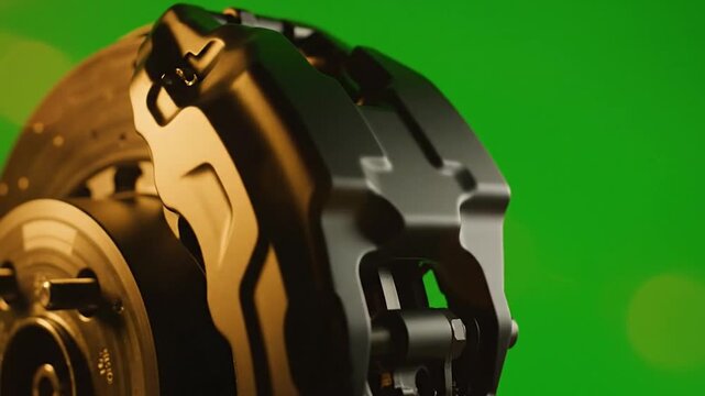 High-performance car brake caliper and disc rotor. Automotive braking system parts. Matte black metal brake assembly on green background.