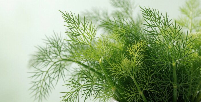 Fresh green dill herb with delicate fronds close up against a light background. Vibrant foliage shows fine details of plant growth for cooking and garnish.