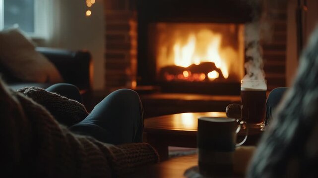 Friends and family gather around a lively fireplace with steaming mugs of coffee or hot chocolate. Comfortable indoor setting with soft lighting invites relaxation.
