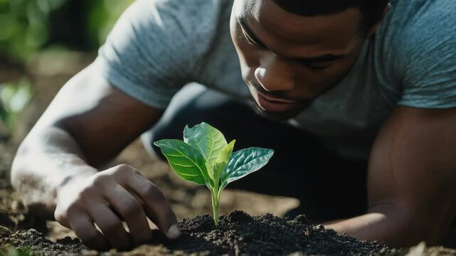 Man tends to small green plant in soil. Young leaves emerge from dark earth. Careful hands shape gentle soil around shoot. Natural light highlights plant's fresh growth