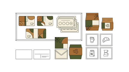 Fototapeta premium Coffee Brand Identity Elements: Packaging, Stationery, Icons