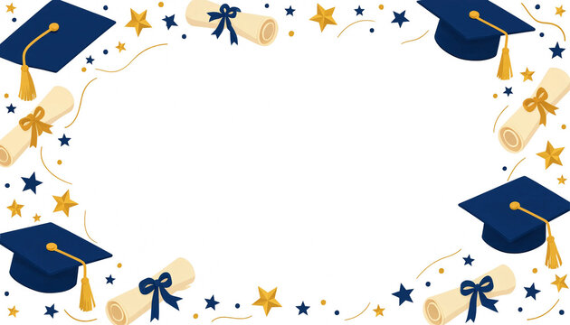 Decorative graduation border featuring caps and diplomas for academic celebration and event announcement.