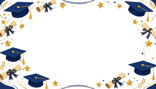 Graduation cap and diploma scroll border frame on a clean white background.