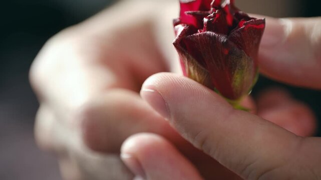 Close up hands gently holding small dried rose flower, showing delicate texture and natural beauty. Symbol of memory, nostalgia, slow living. Hands holding small dried rose flower close up
