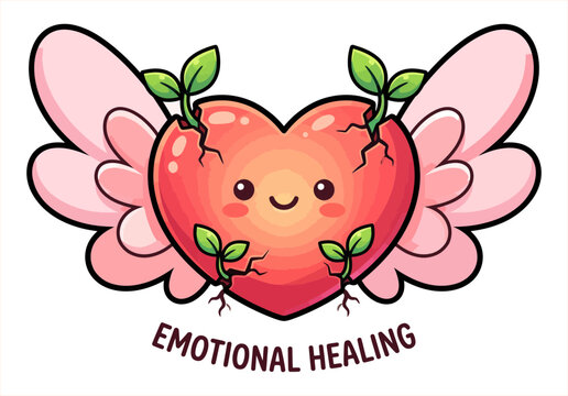 Cute cartoon heart with wings and growing plants representing emotional healing