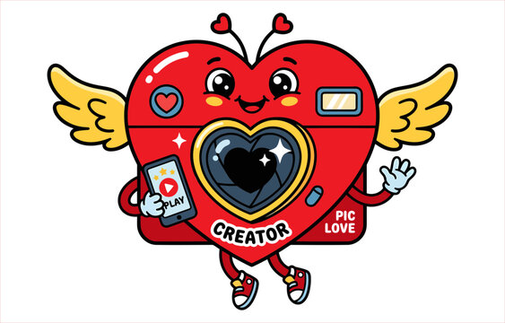Cute cartoon heart shaped camera character holding a smartphone for content creators