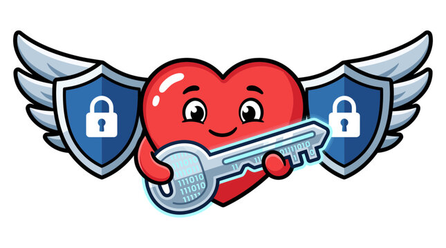 Cute cartoon heart character holding a digital key with protective shields