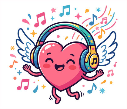 Cute cartoon heart character with wings listening to music with headphones