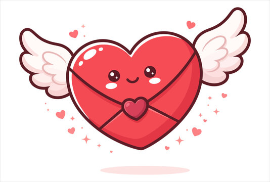 Cute cartoon heart shaped envelope with wings for valentines day design