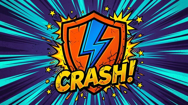 Comic book crash text with lightning bolt shield. Pop art superhero explosion background. Vibrant action graphic for gaming and posters.