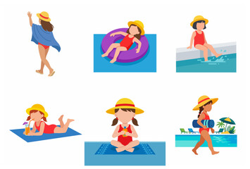 Set of flat vector illustrations of a little girl enjoying summer activities, swimming in the pool, applying sunscreen, and relaxing on a beach towel
