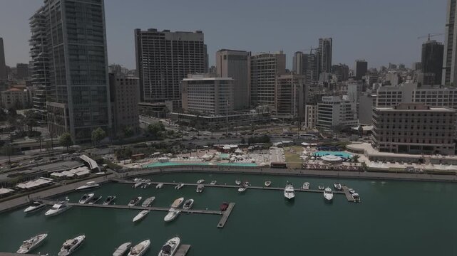 Beirut Lebanon Zaitunay Bay Marina Waterfront City Skyline Flyover Luxury Hotels Boats Coastal View Cinematic Aerial Drone Footage DJI Raw Not Color Graded