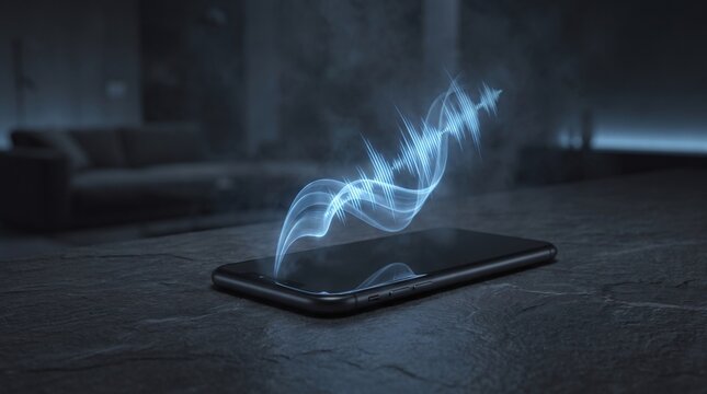 Modern smartphone emitting a glowing blue digital voice wave, representing voice recognition, artificial intelligence, digital communication, and futuristic mobile technology
