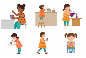 Set of little girls characters preparing and drinking fresh grape juice flat vector illustration