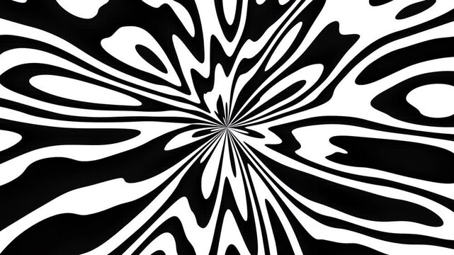 Black and white psychedelic, hypnotic optical illusion waves, retro poster, flat, abstract, cartoon looping background.