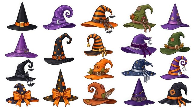 Collection of colorful pointed witch hats arranged in a grid pattern on a white background