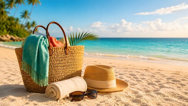 Beach picnic basket and flip flops on white sand with turquoise ocean and tropical island backdrop
