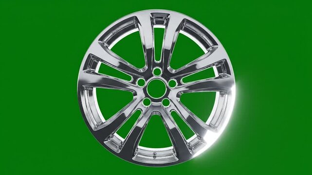 Chrome car wheel spinning on green screen background, polished silver alloy rim rotating, metallic automotive wheel for car customization