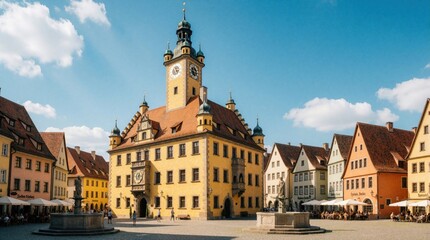 Fototapeta premium Yellow town hall with clock tower in European square. Colorful old buildings with tiled roofs surround plaza with fountains and outdoor cafes. People stroll under sunny blue sky.
